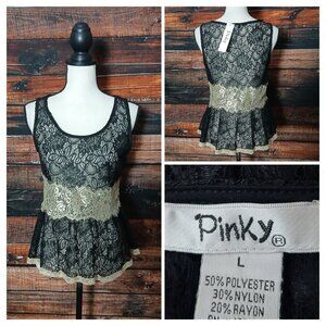 NWT Pinky Lace Top L Sheer Black Gold Peplum Side Zip